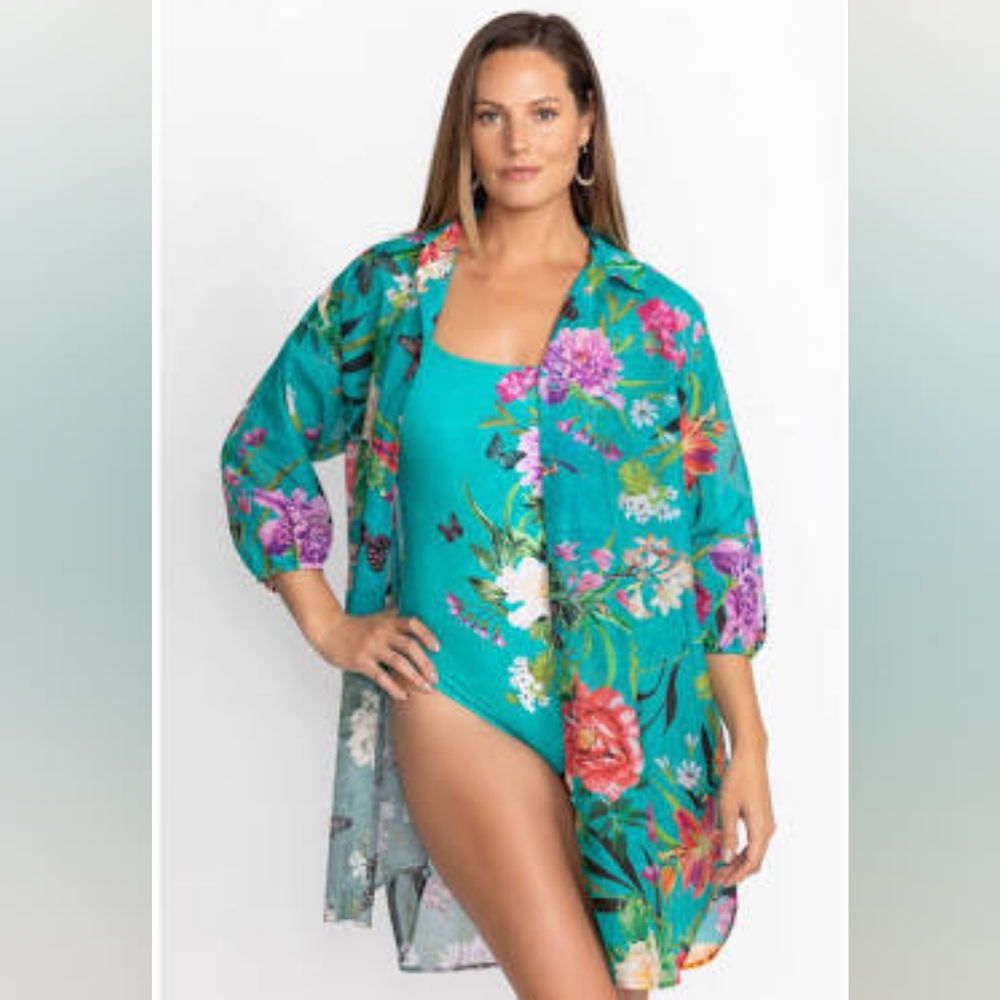 NEW Johnny Was Goza Peacock Floral Teal Shirt Dress/Swim Cover  3x